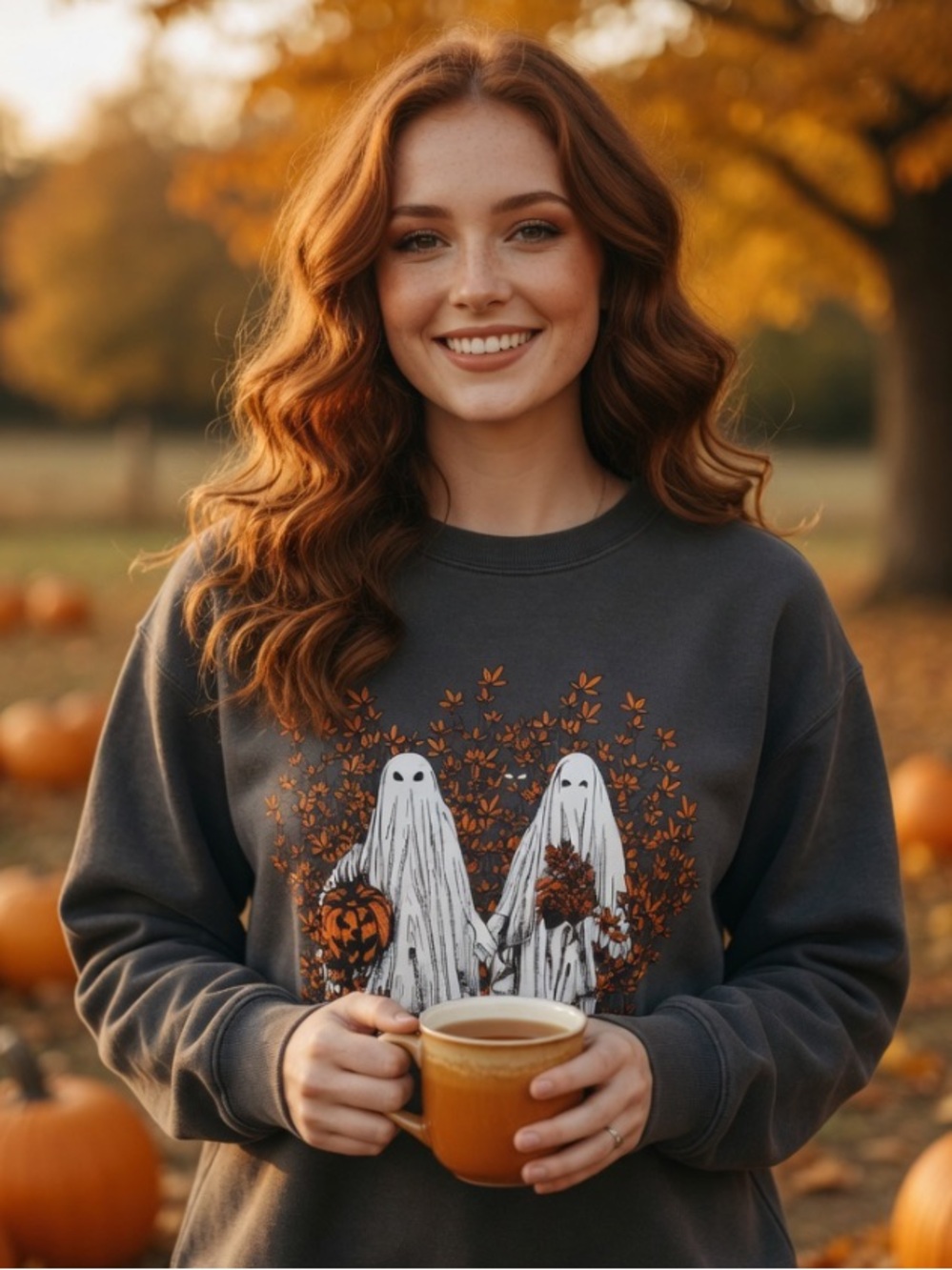 Ghost Halloween Gray Sweatshirt for Fall/Autumn Cold Comfy Spooky Vibes NWOT